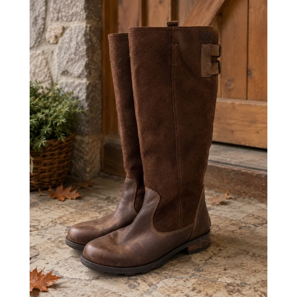 Sorel Emelie Tall Riding Boots Brown Waterproof Leather Suede NL2740-256 9.5
